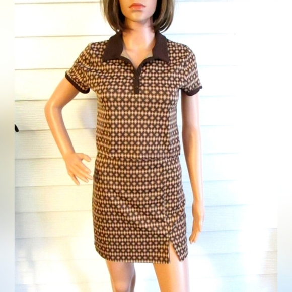 Pink Rose Shirt & Skirt Set |Sz Medium | Brown Geo Print - Picture 7 of 7